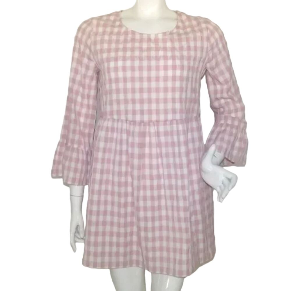 URBAN OUTFITTERS Babydoll Dress, S, Pink Gingham/Check, Seersucker, 3/4 sleeve